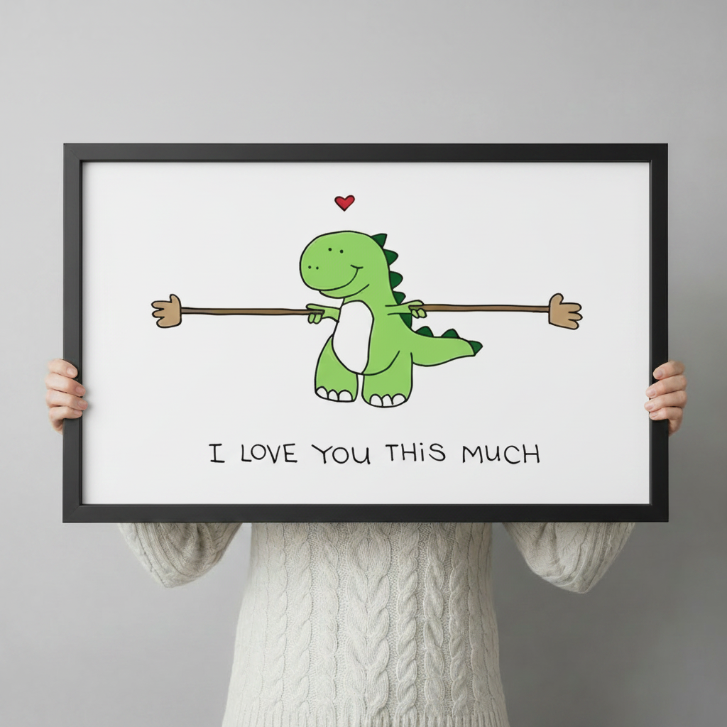 Person in white knit sweater holding a large black framed cute dinosaur love quote canvas art print against a neutral gray background, horizontal product size reference display