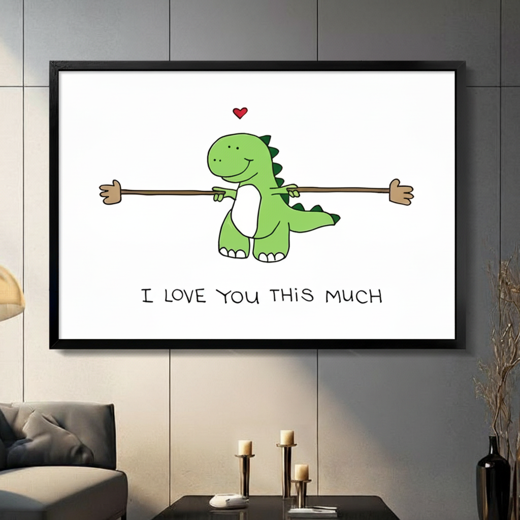 Black framed cute dinosaur I Love You This Much canvas wall art with white background and red heart displayed in a modern dark gray living room with gray sofa and candlestick holders