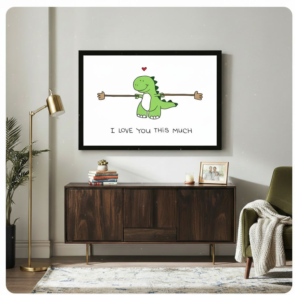 Black framed funny dinosaur love quote canvas art hung above a dark walnut sideboard with stacked books and family photo frame in a modern living room with gold floor lamp and olive green armchair