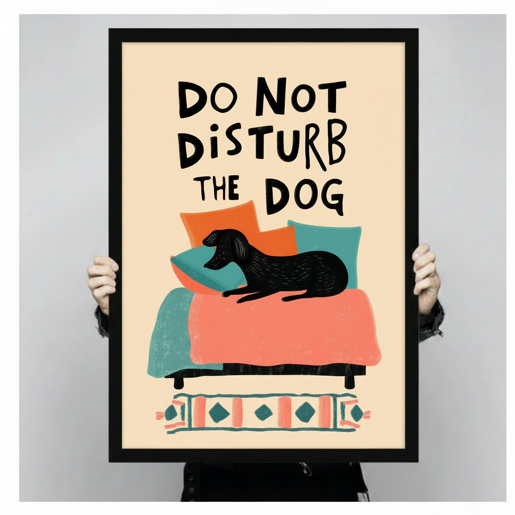 Close-up of Do Not Disturb The Dog illustrated poster held by hands showing vibrant colours and bold typography