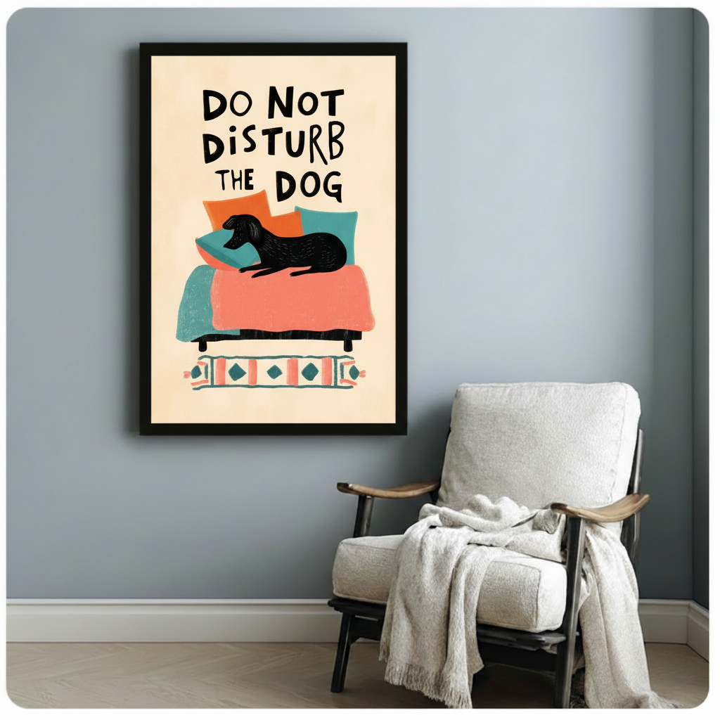 Framed Do Not Disturb The Dog art print on a light grey wall beside a white linen armchair with a throw blanket