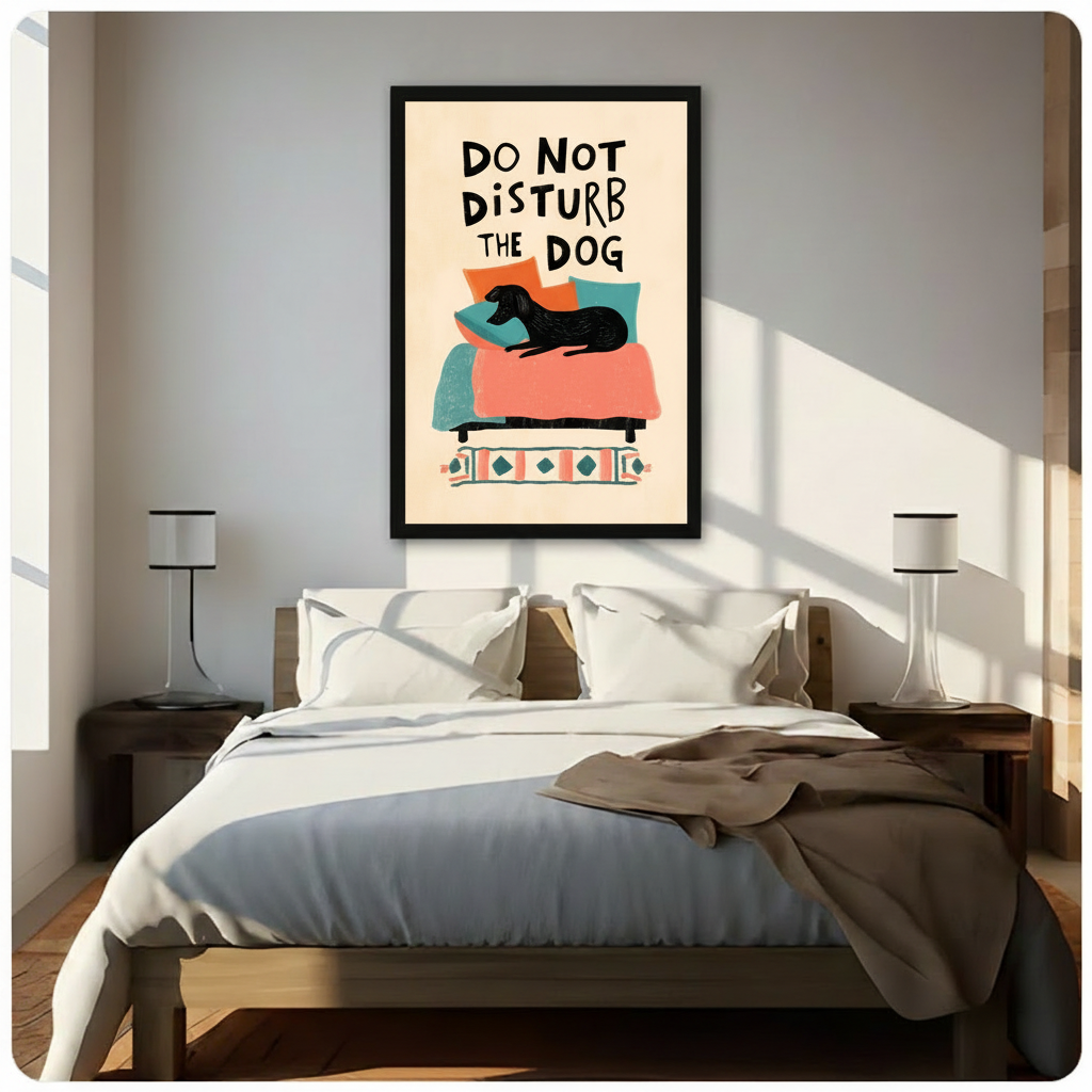 Do Not Disturb The Dog black framed print hanging above a bed in a bright Scandinavian-style bedroom with wooden nightstands