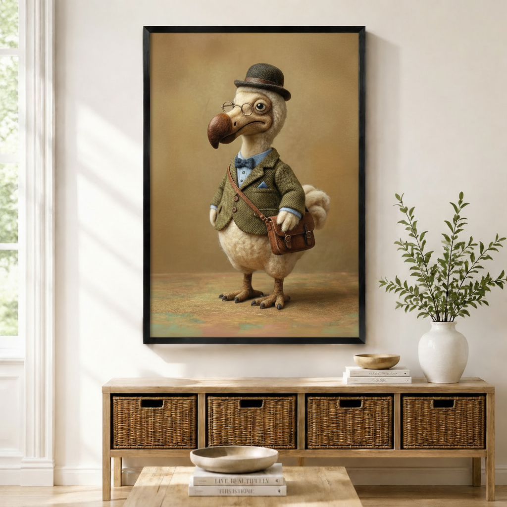 Framed dodo bird gentleman wall art print featuring a whimsical dodo in a tweed jacket, bowler hat, round glasses, and leather satchel against a warm taupe background, displayed above a wicker console in a bright entryway