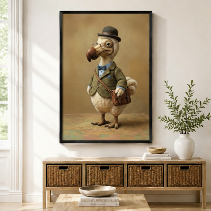 Framed dodo bird gentleman wall art print featuring a whimsical dodo in a tweed jacket, bowler hat, round glasses, and leather satchel against a warm taupe background, displayed above a wicker console in a bright entryway
