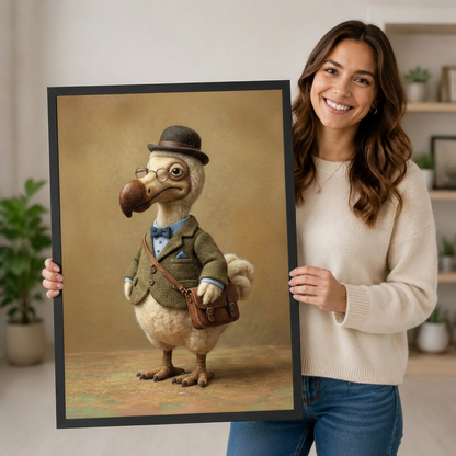 Smiling woman holding a large framed dodo bird gentleman wall art print with warm taupe and brown tones, showing black frame finish and print scale against a neutral home interior background