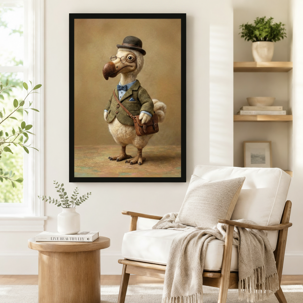 Framed whimsical animal portrait wall art of a dodo bird in a tweed jacket, round spectacles, and bowler hat carrying a leather satchel, styled beside a linen armchair in a cozy Scandinavian reading nook