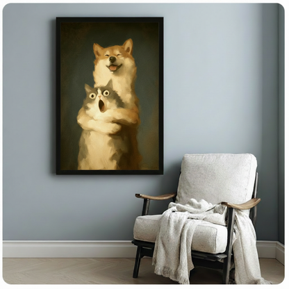 Dog and cat canvas wall art above a white armchair, featuring a smiling dog and curious cat⠋