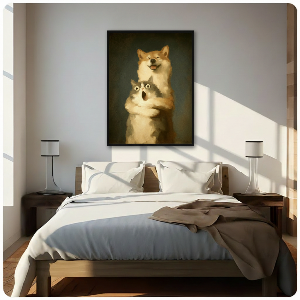 Dog and cat canvas wall art displayed above a bed, featuring a cheerful dog and surprised cat
