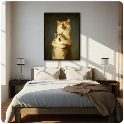 Dog and cat canvas wall art displayed above a bed, featuring a cheerful dog and surprised cat