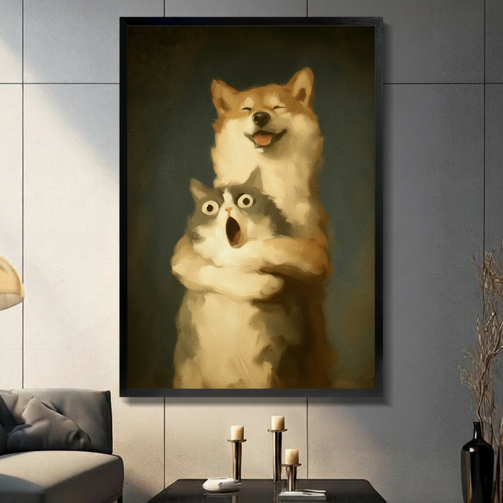  Dog and cat canvas wall art featuring a smiling Shiba Inu and surprised cat in a modern living room