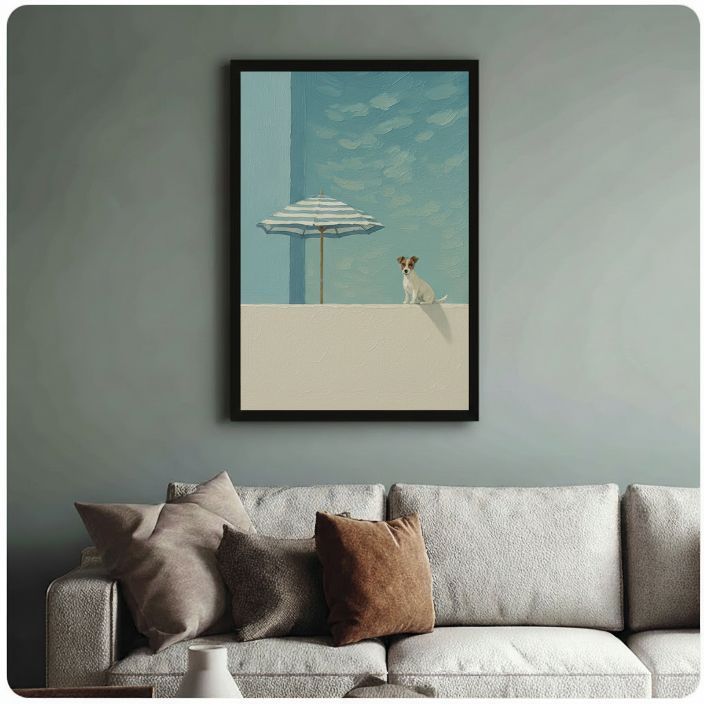 Black framed minimalist dog and beach umbrella wall art above neutral sofa on sage green wall, serene coastal oil painting print