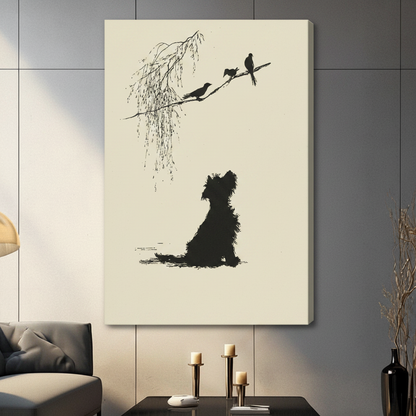 Unframed canvas print featuring a black dog silhouette looking up at birds on a willow branch, hung in a contemporary living room