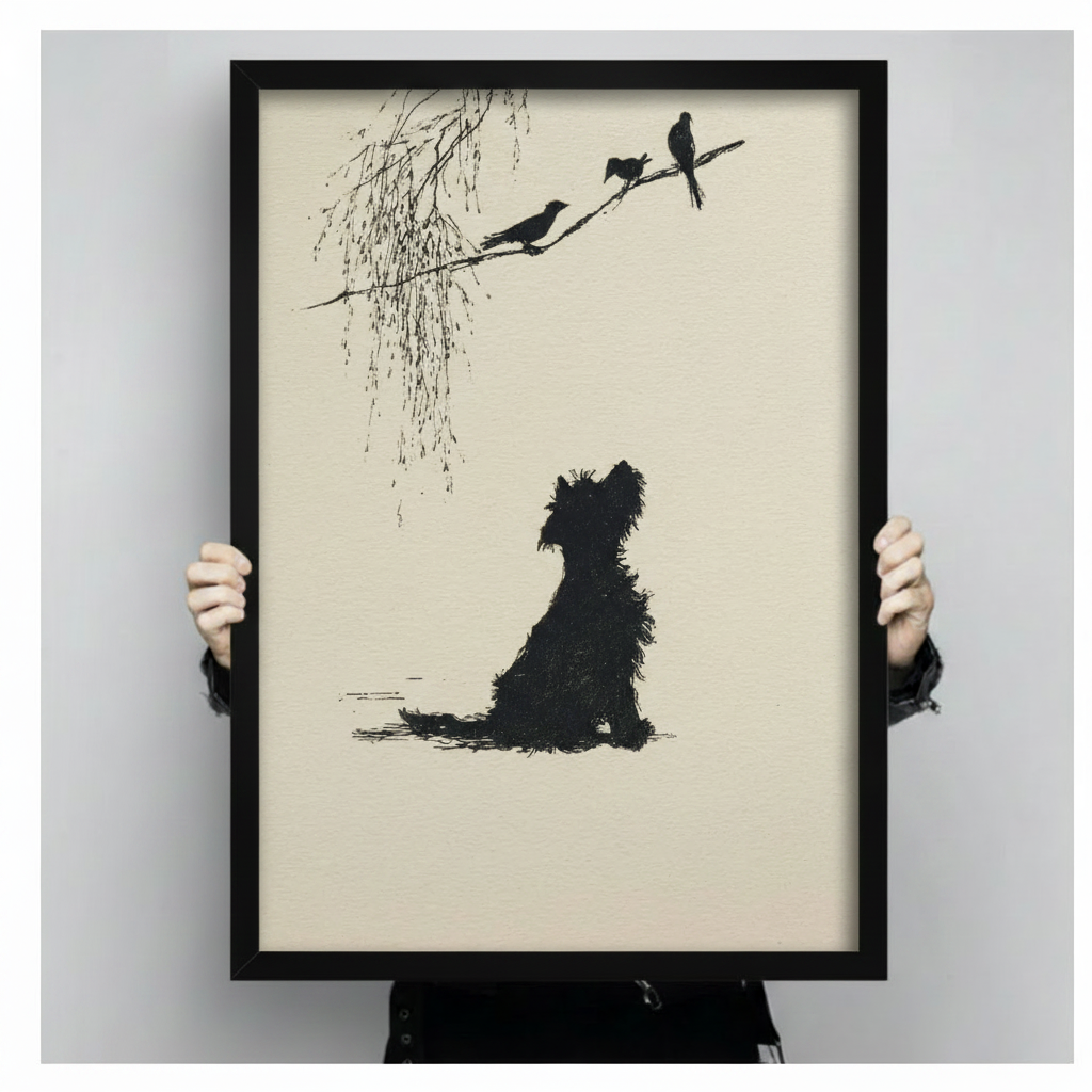 Close-up of a black-framed art print showing a detailed silhouette of a fluffy dog and birds on a willow branch, held by two hands