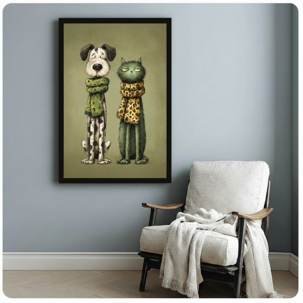 Funny dog and cat scarf portrait framed canvas art beside armchair eclectic home wall decor