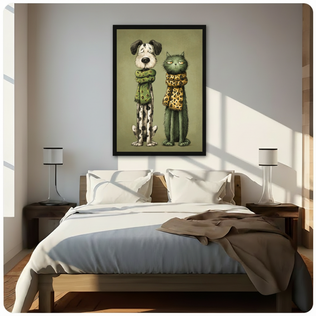 Quirky dog and cat in scarves framed canvas wall art above bed modern bedroom funny animal decor