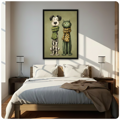 Quirky dog and cat in scarves framed canvas wall art above bed modern bedroom funny animal decor