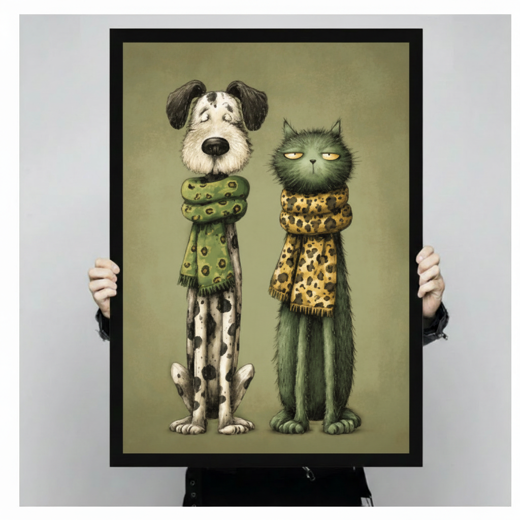 Hand holding large framed dog cat scarf canvas print quirky animal illustration premium wall art gift