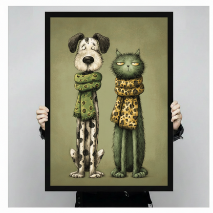 Hand holding large framed dog cat scarf canvas print quirky animal illustration premium wall art gift