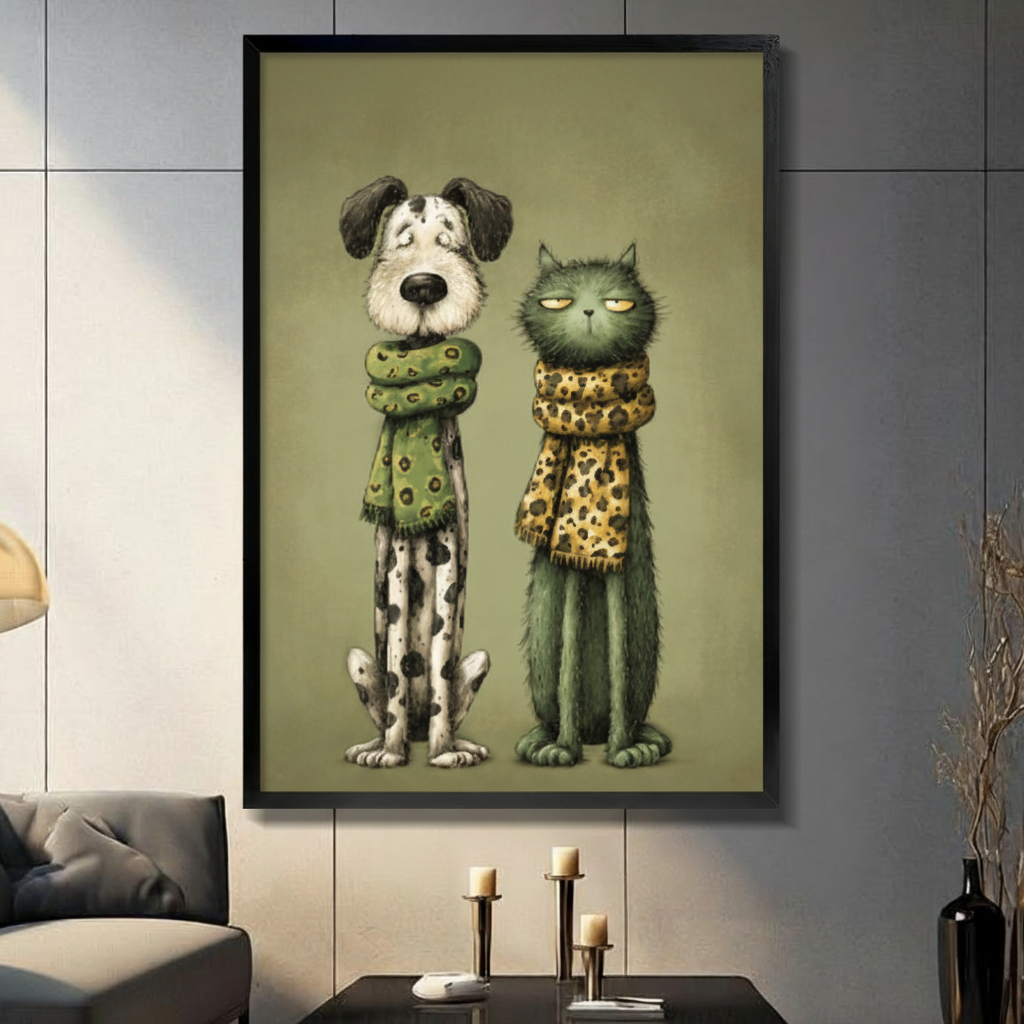 Black framed quirky dog cat scarf canvas print whimsical animal art modern living room wall decor