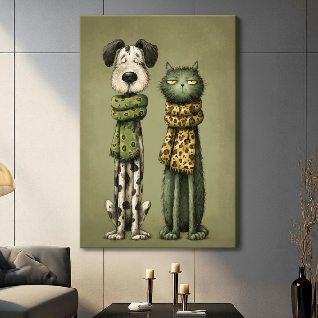 Stretched canvas dog cat scarf illustration olive green living room gallery wrap funny pet wall art