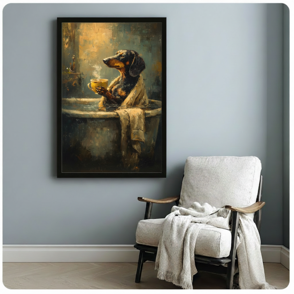  Dog coffee canvas wall art above a white armchair, featuring a cozy dog with a steaming coffee cup