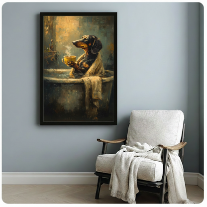  Dog coffee canvas wall art above a white armchair, featuring a cozy dog with a steaming coffee cup