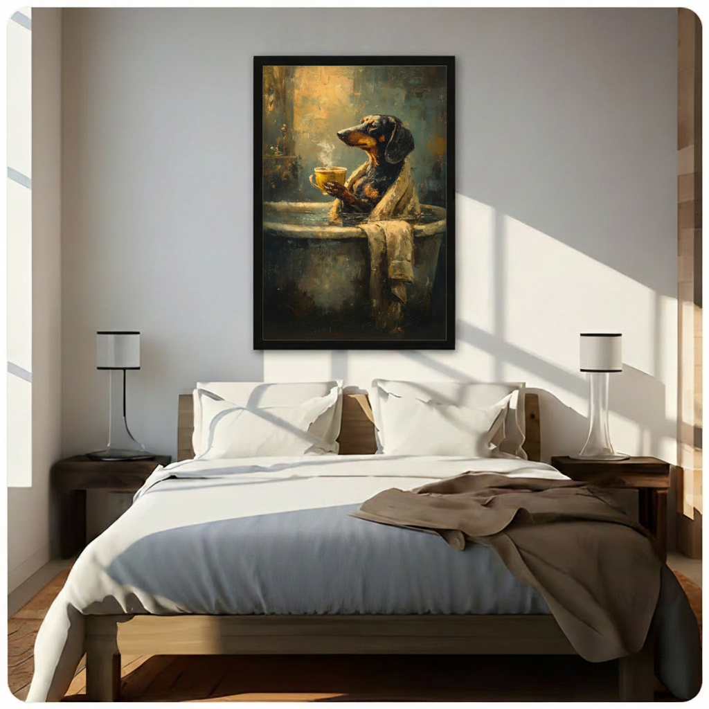  Dog coffee canvas wall art displayed above a bed, featuring a robe-wearing dog with a steaming mug