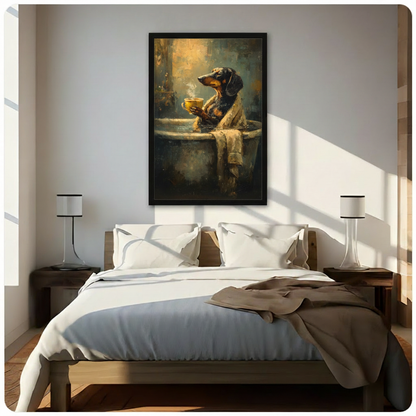  Dog coffee canvas wall art displayed above a bed, featuring a robe-wearing dog with a steaming mug