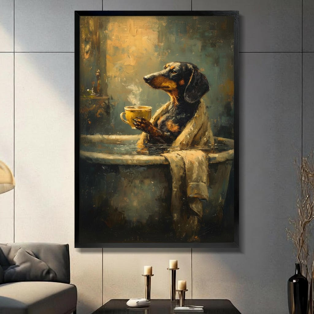 Dog coffee canvas wall art showing a black and tan dog holding a mug in a warm vintage bathroom