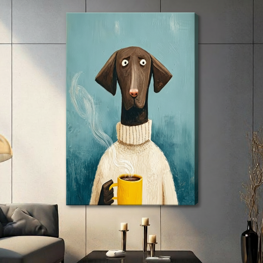 Gallery wrap stretched canvas of a long-necked dark brown hunting dog with wide upward-gazing eyes wearing an oversized cream knit turtleneck and cradling a bright yellow steaming coffee cup humorous dog portrait oil painting on a textured teal background hung frameless on a gray tile wall above a dark sofa