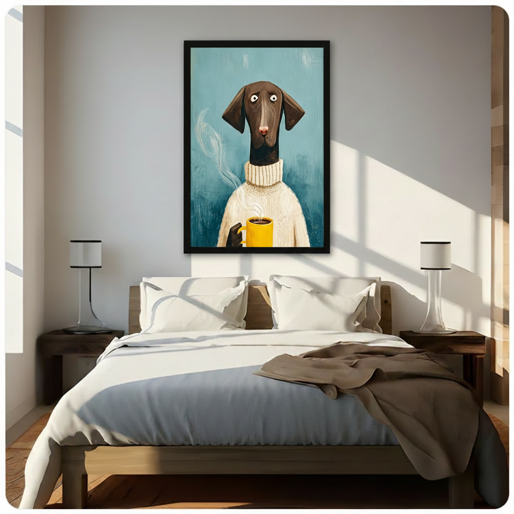 Black framed charming German Shorthaired Pointer with big round eyes wearing a cream knit turtleneck and holding a yellow steaming coffee mug funny whimsical dog portrait oil painting canvas wall art on teal blue background hung in warm diagonal sunlight above a dark wood bed with white linen bedding