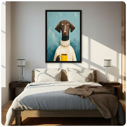 Black framed charming German Shorthaired Pointer with big round eyes wearing a cream knit turtleneck and holding a yellow steaming coffee mug funny whimsical dog portrait oil painting canvas wall art on teal blue background hung in warm diagonal sunlight above a dark wood bed with white linen bedding
