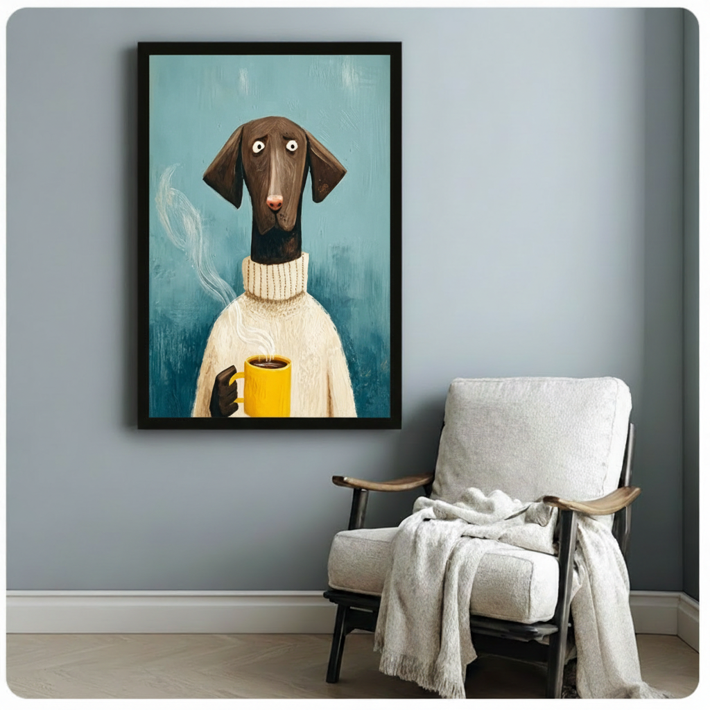 Black framed whimsical German Pointer dog in a cozy cream cable knit turtleneck holding a yellow coffee mug with steam rising funny animal portrait oil painting canvas print on aged teal blue background hung on a soft blue-gray wall beside a white linen wood armchair with a draped cream throw