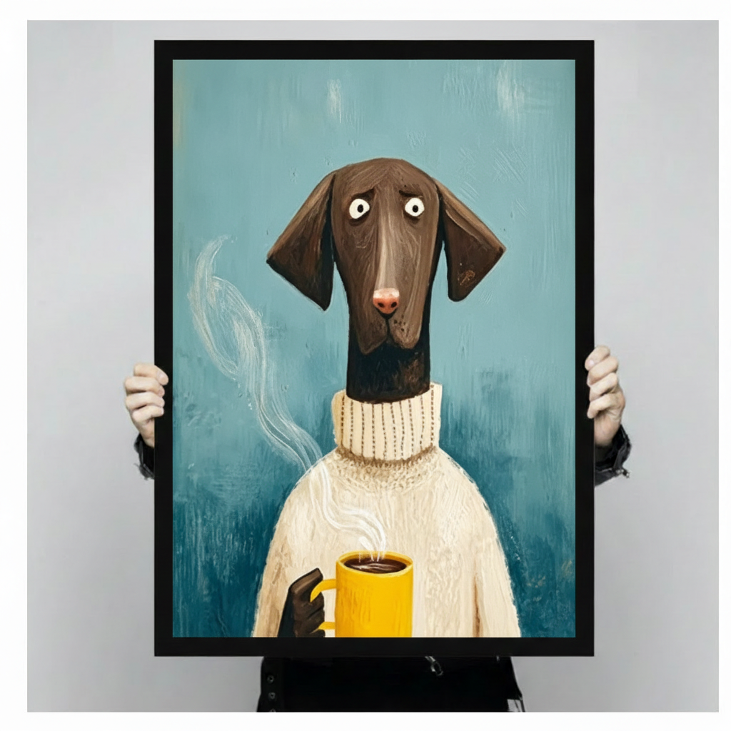 Two hands holding a large black framed humorous dark brown dog with innocent wide eyes in a chunky cream turtleneck sweater clutching a steaming yellow coffee mug whimsical dog portrait oil painting canvas art print on teal brushstroke background, front-facing vertical product size display
