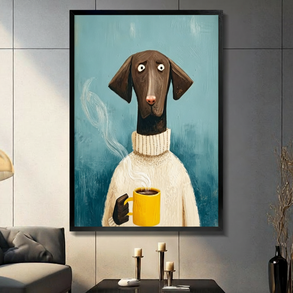 Black framed funny German Shorthaired Pointer with wide innocent eyes in a chunky cream turtleneck sweater holding a steaming yellow coffee mug whimsical humorous dog portrait oil painting canvas wall art on teal blue brushstroke background displayed in a modern gray living room with dark sofa and metal candlesticks