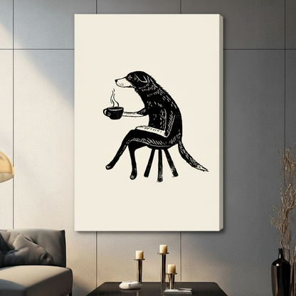 Gallery-wrapped canvas of a whimsical dog with coffee cup wall art in black ink on cream background, styled in a contemporary dark living room