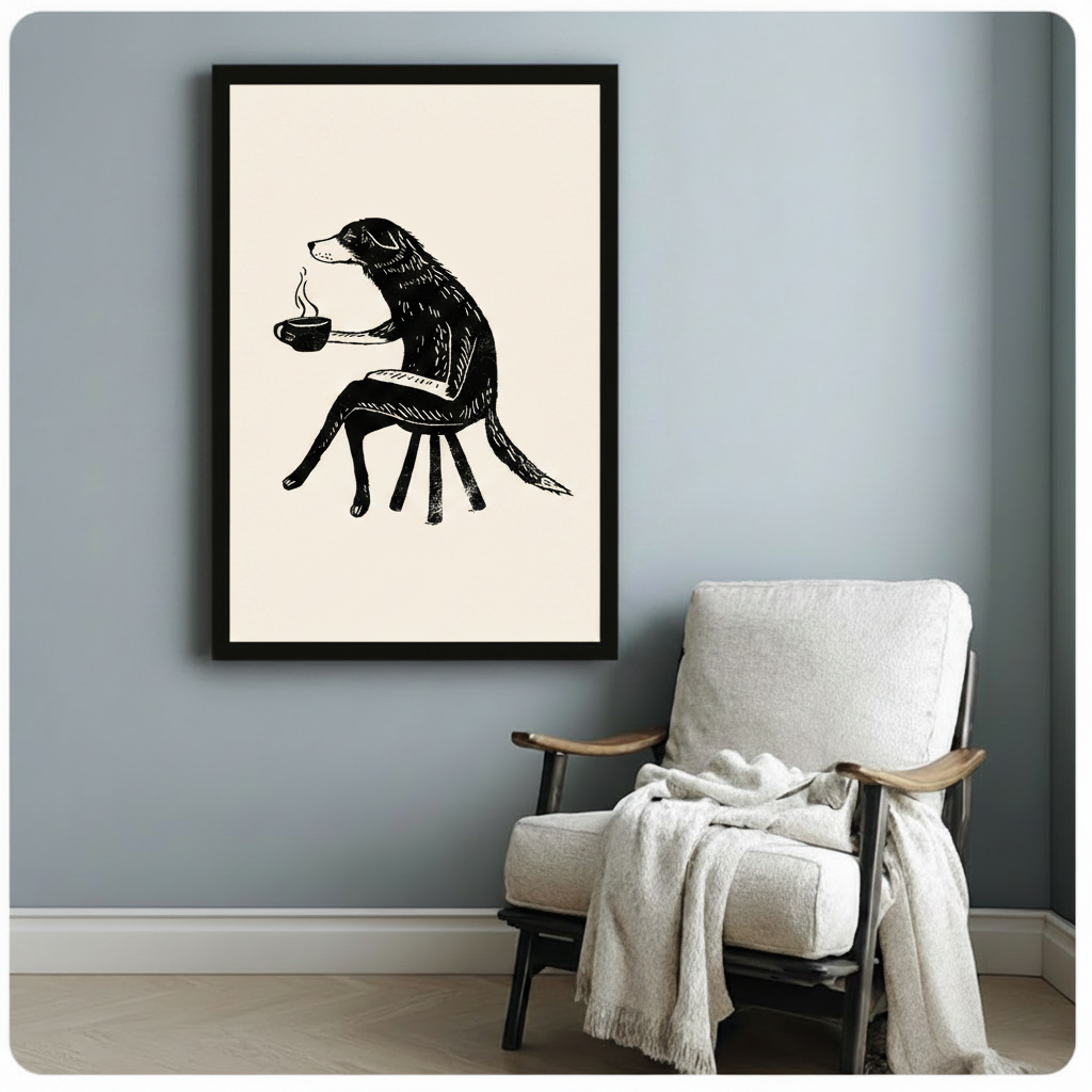 Framed minimalist ink illustration of a seated dog holding a hot coffee mug, displayed on a blue-grey wall beside a white linen armchair with throw blanket