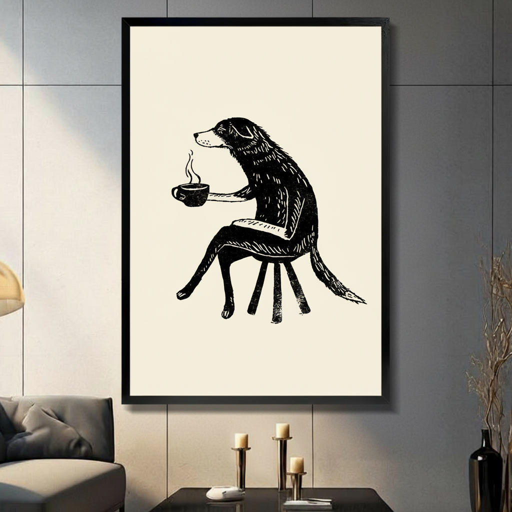 Framed minimalist black and white ink art print of an anthropomorphic dog sitting on a stool holding a steaming coffee cup, displayed in a dark modern living room with candlestick decor