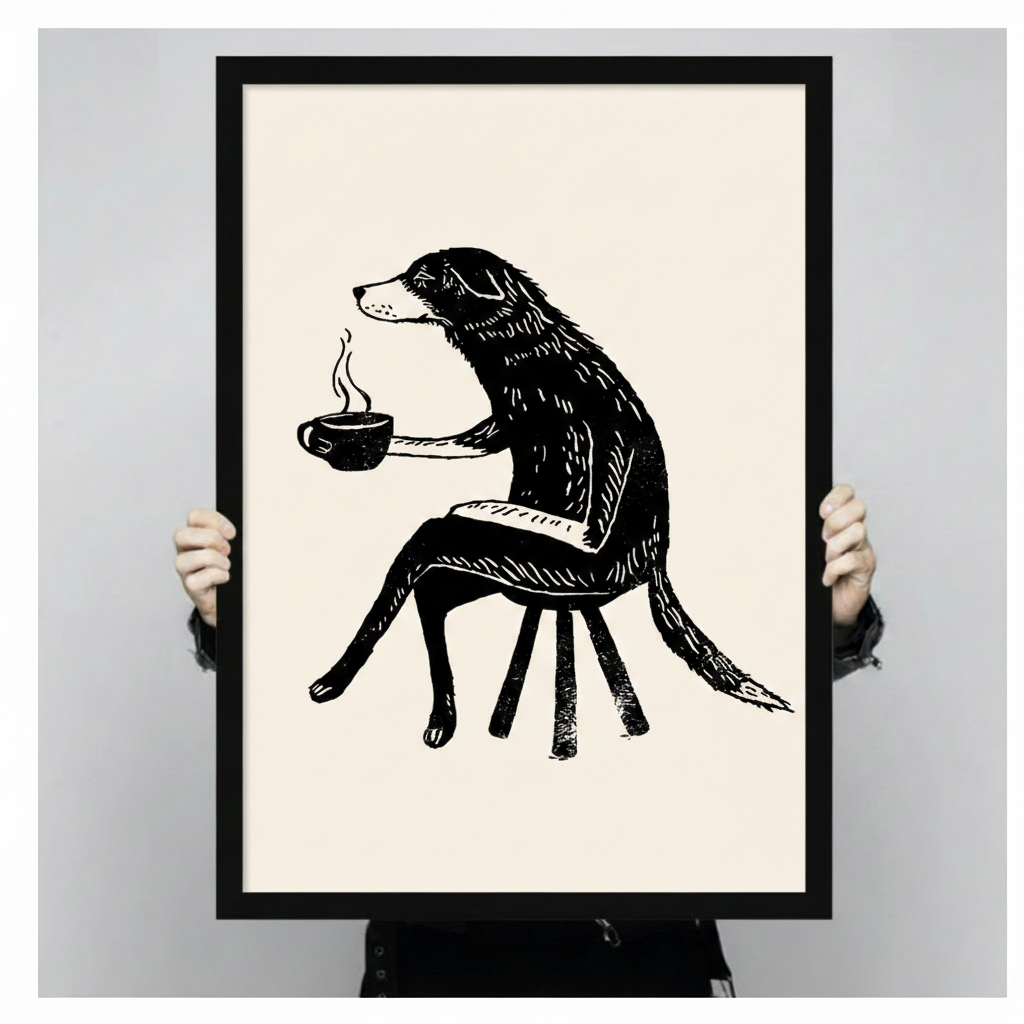 Two hands holding a large black-framed canvas print of a whimsical dog with coffee cup, showcasing print size and fine ink illustration detail