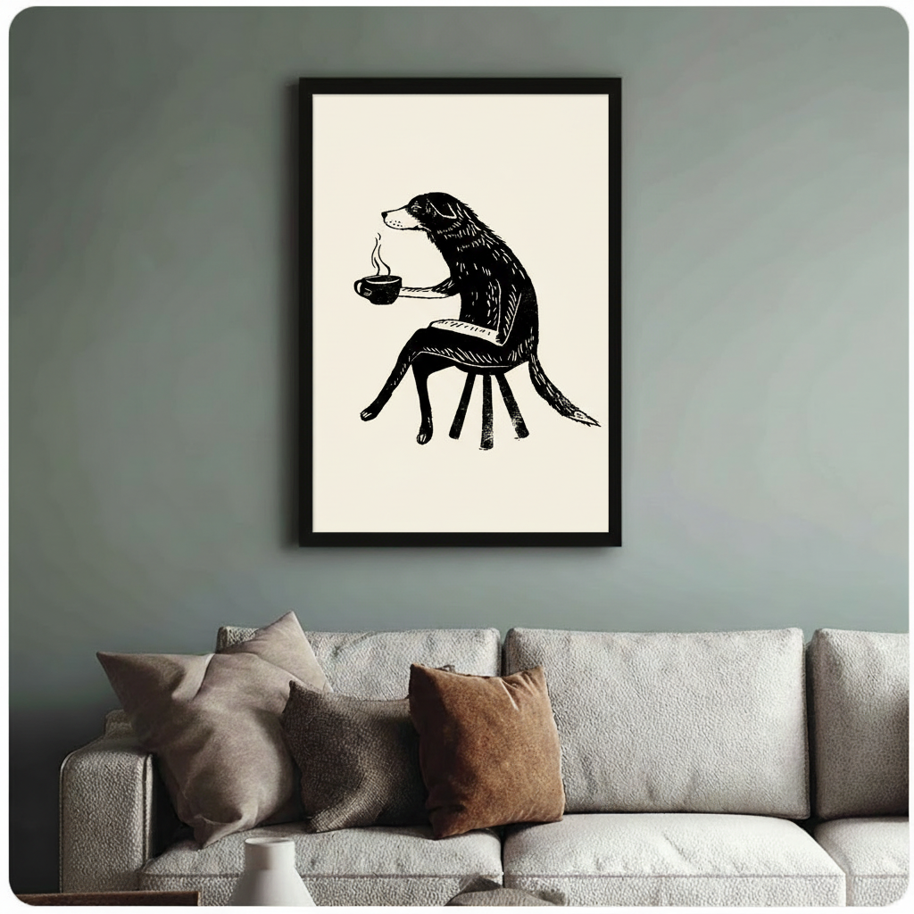 Black-framed quirky dog drinking coffee art print hung above a neutral linen sofa on a muted sage green wall