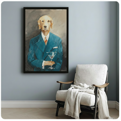 Dog portrait wall art in a blue suit displayed above a cozy accent chair

