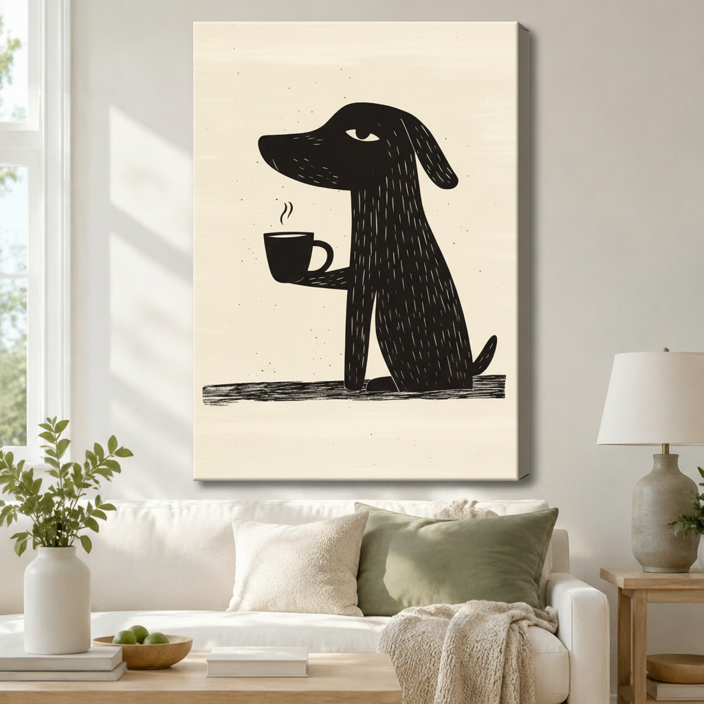Quirky black dog with coffee mug minimalist linocut gallery wrapped canvas hung above a white sofa with sage green cushions and ceramic table lamp in a cozy neutral living room