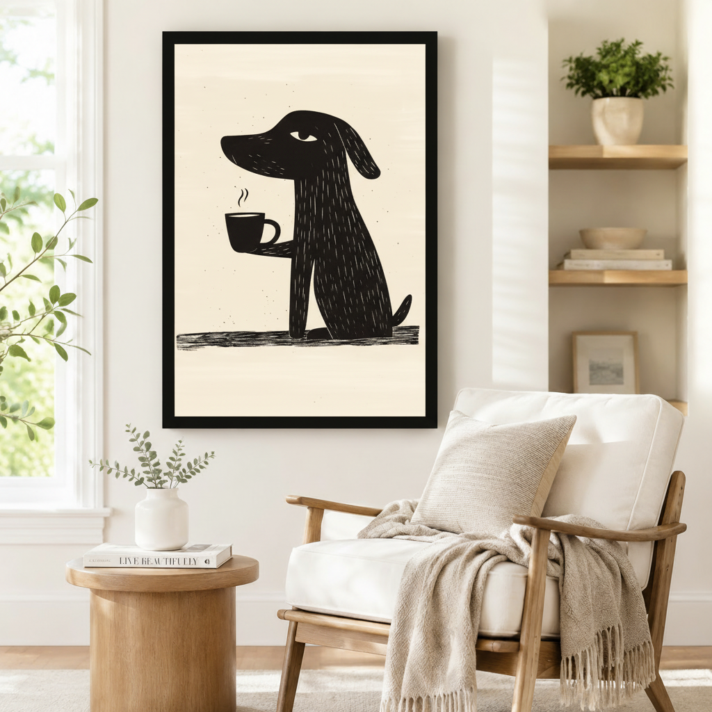 Witty dog holding hot coffee cup minimalist black and cream linocut framed wall art mounted beside a window above a linen armchair with throw blanket in a Scandinavian reading nook