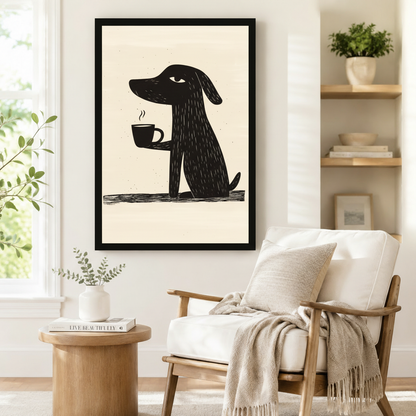 Witty dog holding hot coffee cup minimalist black and cream linocut framed wall art mounted beside a window above a linen armchair with throw blanket in a Scandinavian reading nook