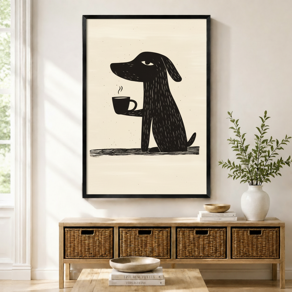 Funny dog holding steaming coffee cup minimalist linocut style framed wall art in black frame displayed above a wooden sideboard with wicker baskets in a bright Scandinavian entryway