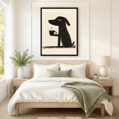 Funny dog holding steaming mug minimalist linocut wall art in black frame hung as bedroom statement piece above a light wood bed with white linen and sage green throw