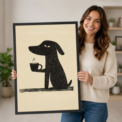 Smiling woman holding large dog with coffee cup minimalist linocut framed art print in black frame, demonstrating print size and artwork detail