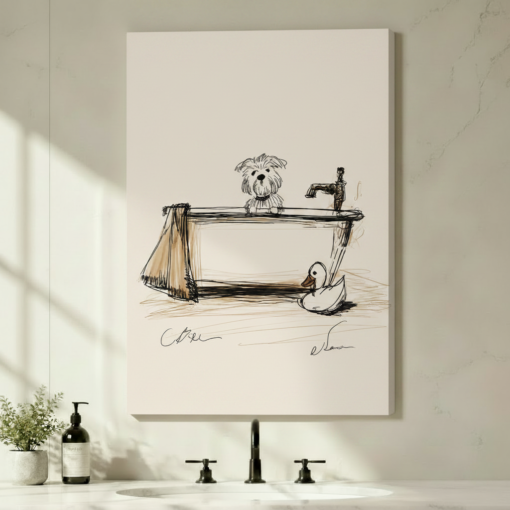 Canvas wrap dog in bathtub sketch art print hung above minimalist bathroom sink with black fixtures