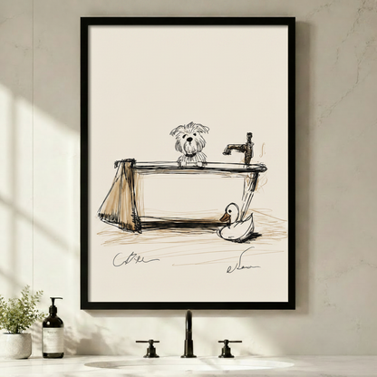Framed sketch art print of cute dog in bathtub with rubber duck displayed above modern bathroom sink