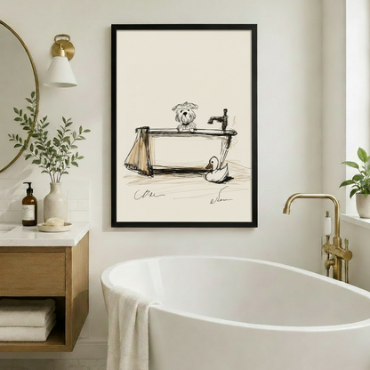 Framed whimsical dog bathtub sketch art print on white wall beside freestanding soaking tub with gold faucet